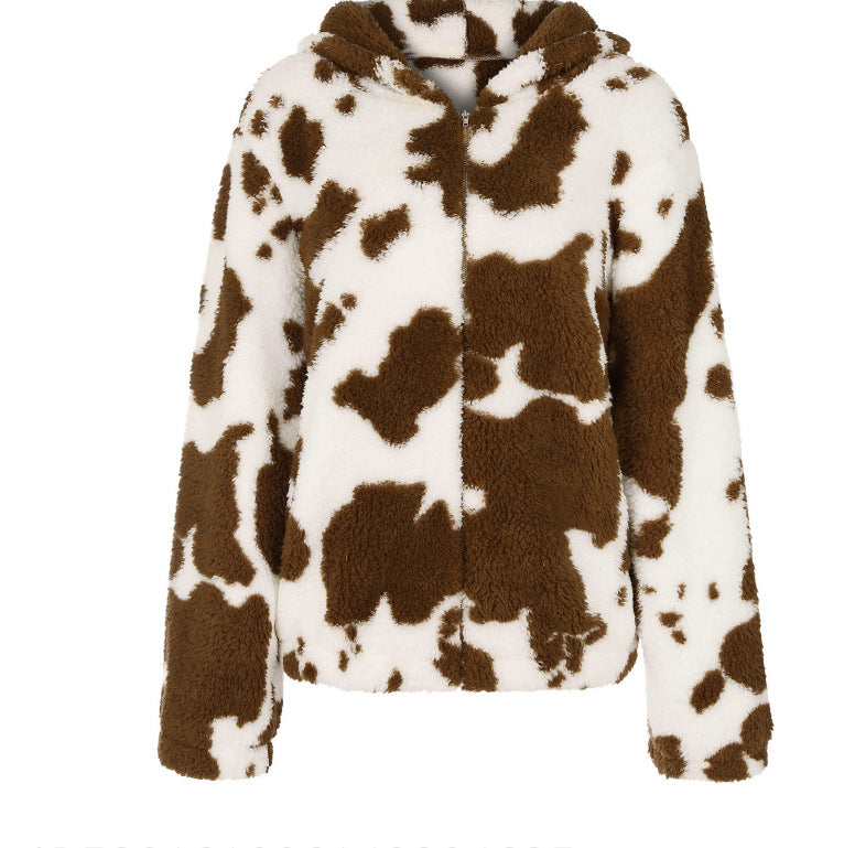 Women's Casual Fashion Plush Printed Zip-Up Jacket