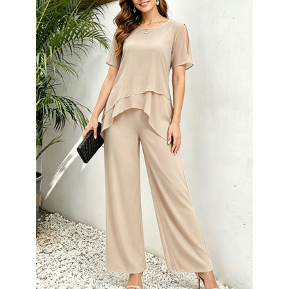 Womens Chiffon Patchwork Irregular Top And Wide-Leg Pants Two-Piece Set