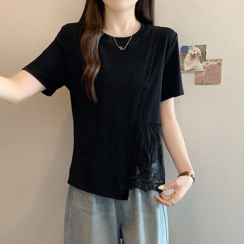 Pure Cotton Chic Lace-spliced Irregular Short Sleeves