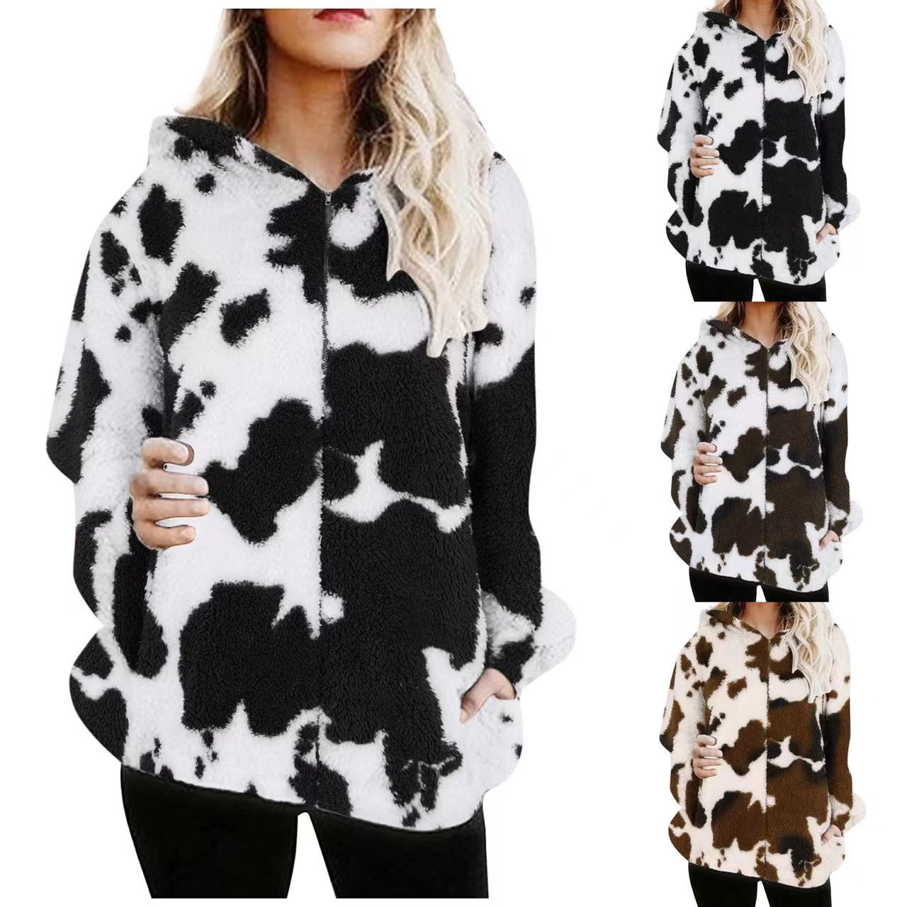 Women's Casual Fashion Plush Printed Zip-Up Jacket