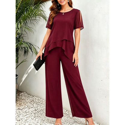 Womens Chiffon Patchwork Irregular Top And Wide-Leg Pants Two-Piece Set