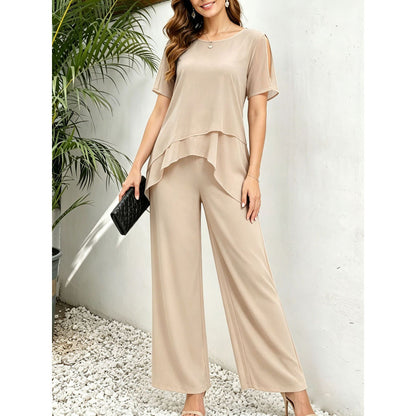 Womens Chiffon Patchwork Irregular Top And Wide-Leg Pants Two-Piece Set