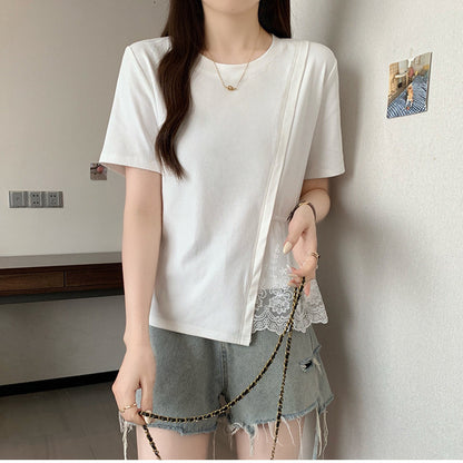 Pure Cotton Chic Lace-spliced Irregular Short Sleeves