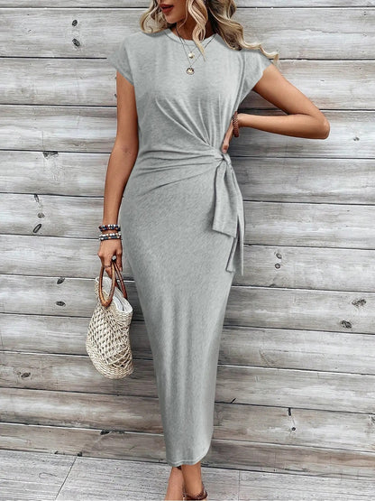 Waist Strap Striped Round Neck Short Sleeve And Long Pattern Dress