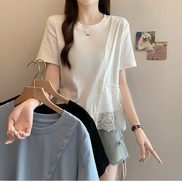 Pure Cotton Chic Lace-spliced Irregular Short Sleeves