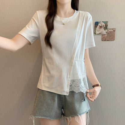 Pure Cotton Chic Lace-spliced Irregular Short Sleeves