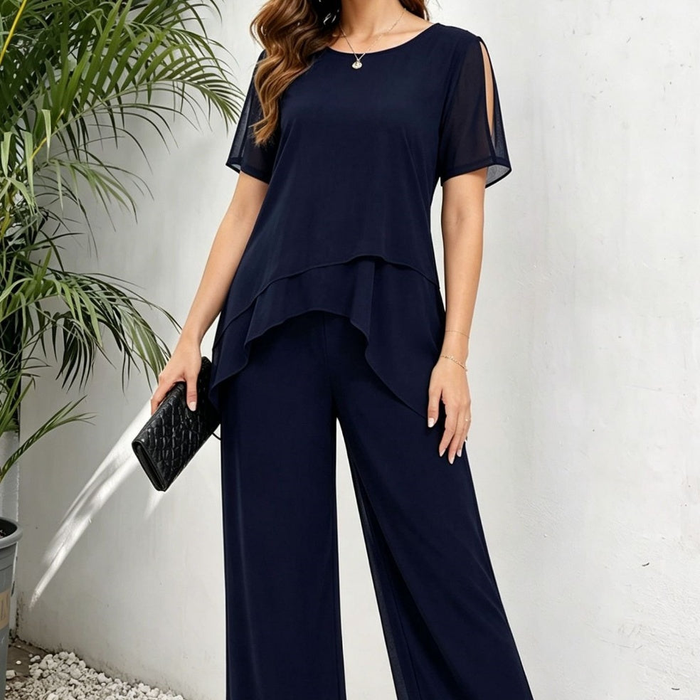 Womens Chiffon Patchwork Irregular Top And Wide-Leg Pants Two-Piece Set
