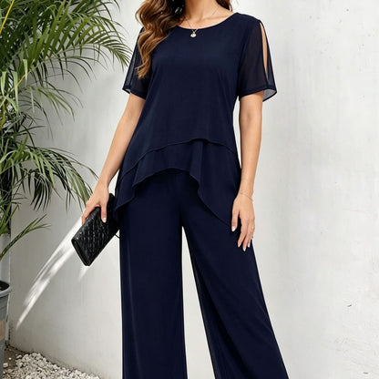 Womens Chiffon Patchwork Irregular Top And Wide-Leg Pants Two-Piece Set