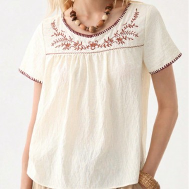 Summer Womens Clothing Crew-neck Embroidered Short Sleeves