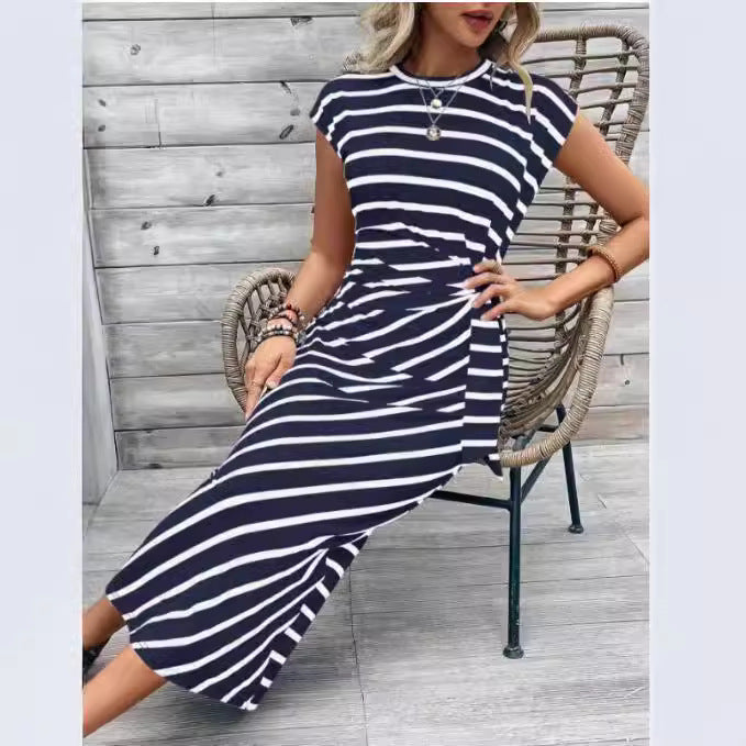 Waist Strap Striped Round Neck Short Sleeve And Long Pattern Dress