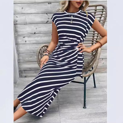 Waist Strap Striped Round Neck Short Sleeve And Long Pattern Dress