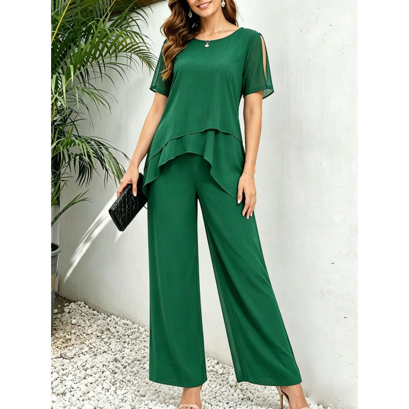 Womens Chiffon Patchwork Irregular Top And Wide-Leg Pants Two-Piece Set