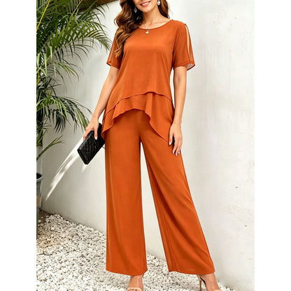 Womens Chiffon Patchwork Irregular Top And Wide-Leg Pants Two-Piece Set