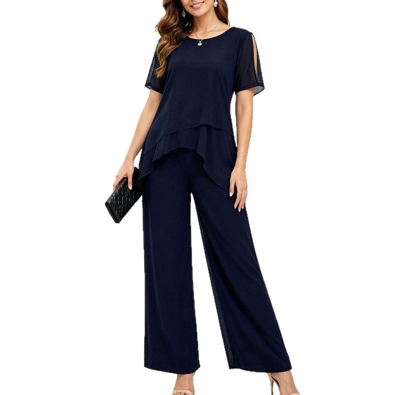 Womens Chiffon Patchwork Irregular Top And Wide-Leg Pants Two-Piece Set