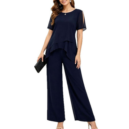Womens Chiffon Patchwork Irregular Top And Wide-Leg Pants Two-Piece Set