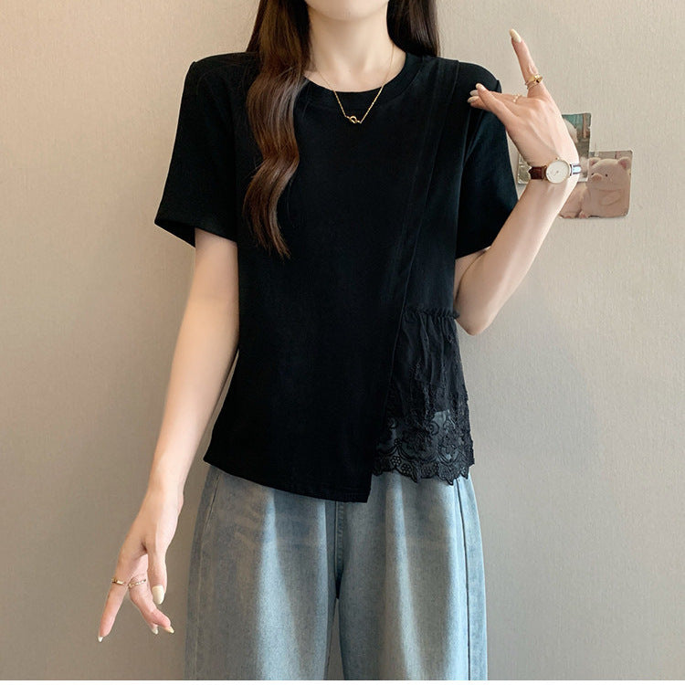 Pure Cotton Chic Lace-spliced Irregular Short Sleeves