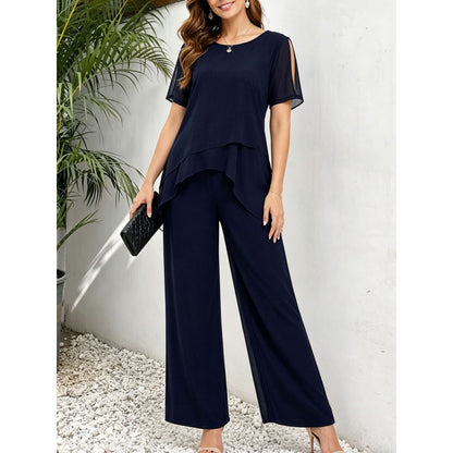 Womens Chiffon Patchwork Irregular Top And Wide-Leg Pants Two-Piece Set