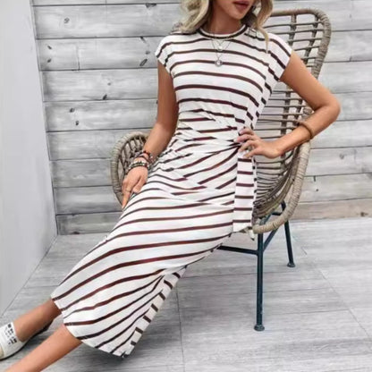 Waist Strap Striped Round Neck Short Sleeve And Long Pattern Dress