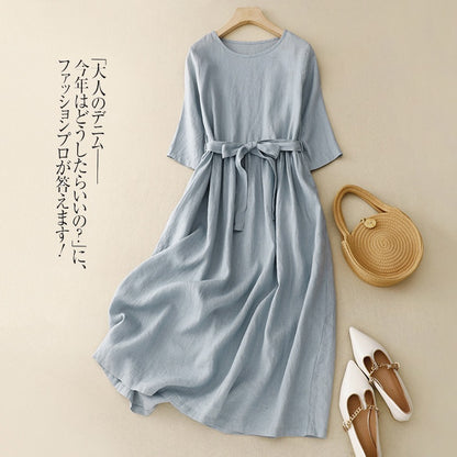 2026 Summer Minimalist Cotton Linen Dress, Classic Round Neck, Mid Sleeve, Waist Belt, Elegant Swing Long Dress