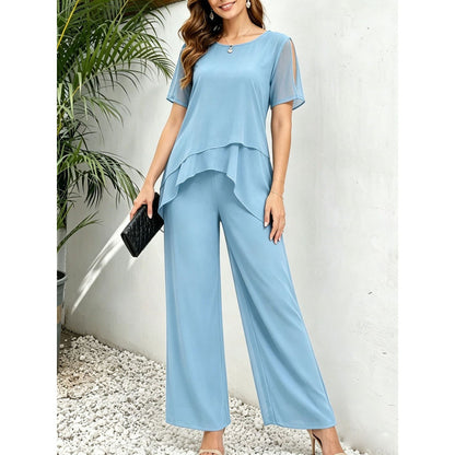 Womens Chiffon Patchwork Irregular Top And Wide-Leg Pants Two-Piece Set