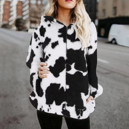 Women's Casual Fashion Plush Printed Zip-Up Jacket