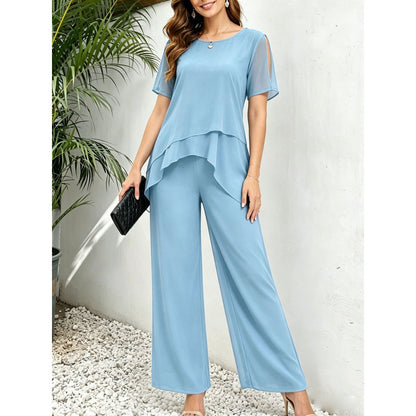 Womens Chiffon Patchwork Irregular Top And Wide-Leg Pants Two-Piece Set